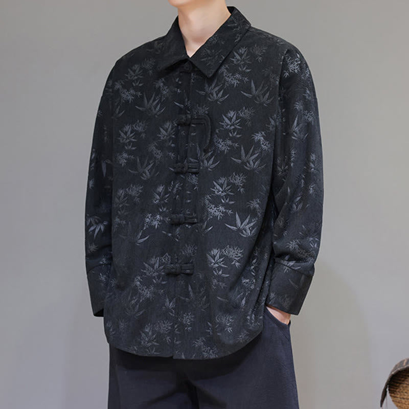 Buddha Stones Jacquard Leaves Pattern Frog-Button Long Sleeve Men's Cotton Tang Suit Jacket - image 2