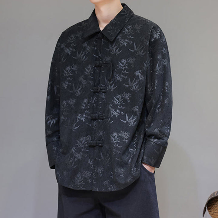 Buddha Stones Jacquard Leaves Pattern Frog-Button Long Sleeve Men's Cotton Tang Suit Jacket - image 2