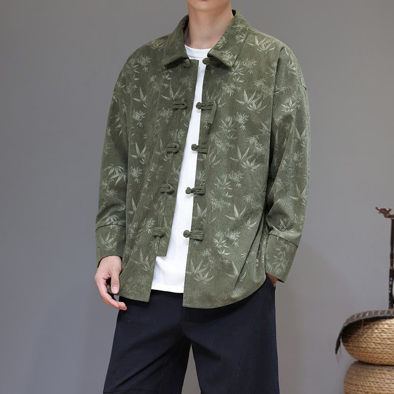 Buddha Stones Jacquard Leaves Pattern Frog-Button Long Sleeve Men's Cotton Tang Suit Jacket - ForestGreen - US/UK/AU48,EU58(5XL) - image 16