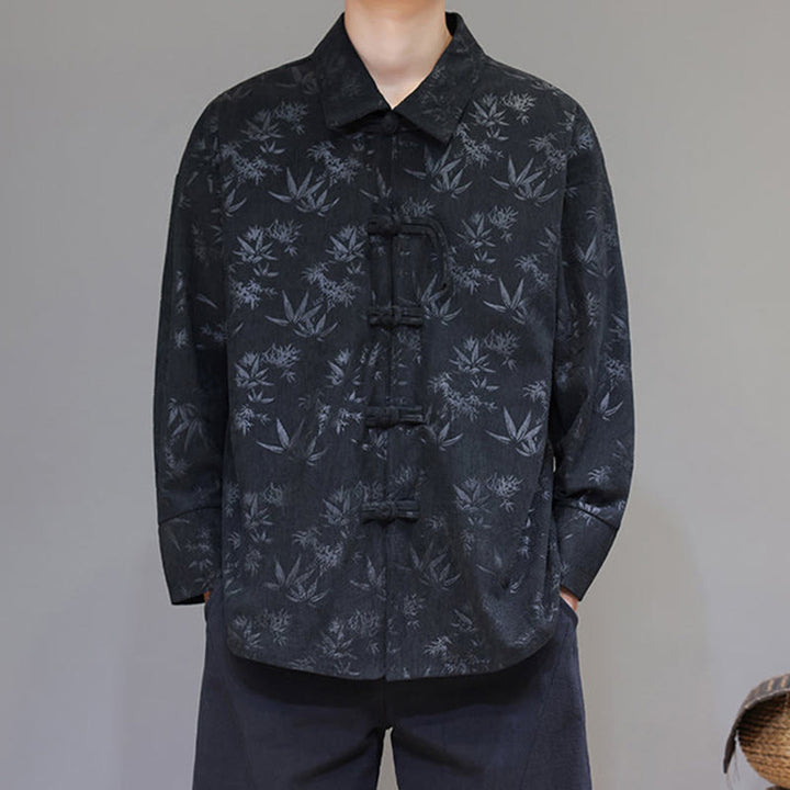 Buddha Stones Jacquard Leaves Pattern Frog-Button Long Sleeve Men's Cotton Tang Suit Jacket - image 5
