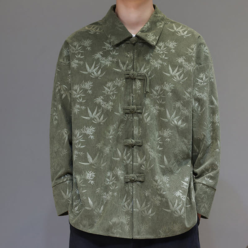 Buddha Stones Jacquard Leaves Pattern Frog-Button Long Sleeve Men's Cotton Tang Suit Jacket - image 22