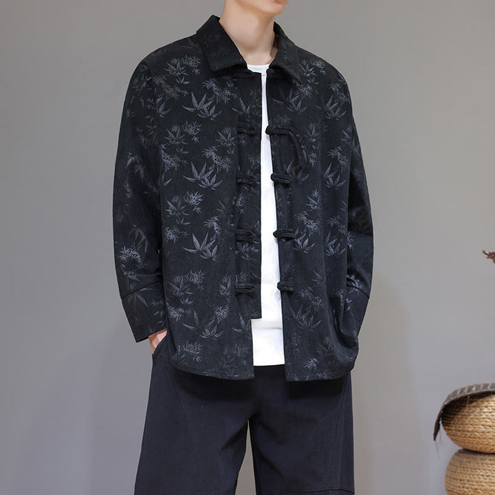 Buddha Stones Jacquard Leaves Pattern Frog-Button Long Sleeve Men's Cotton Tang Suit Jacket - Black - US/UK/AU48,EU58(5XL) - image 0