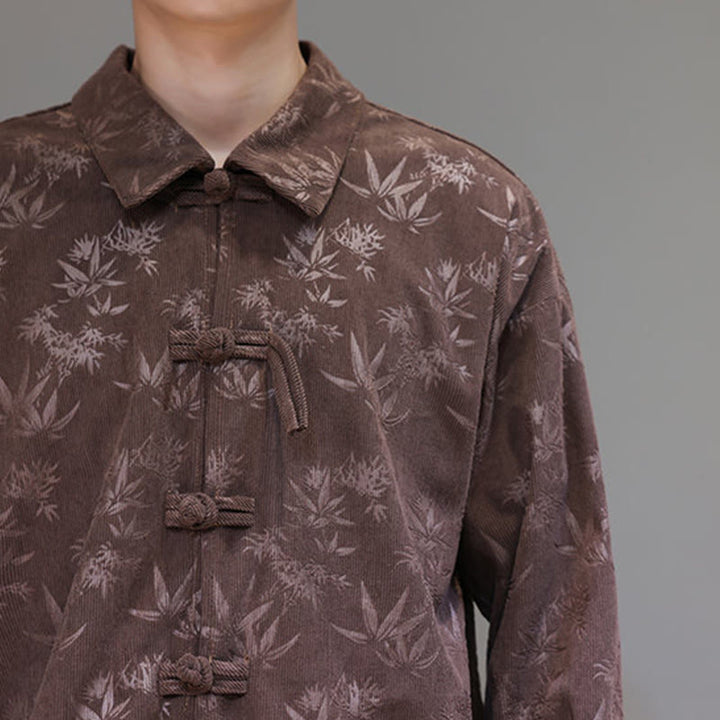 Buddha Stones Jacquard Leaves Pattern Frog-Button Long Sleeve Men's Cotton Tang Suit Jacket - image 35