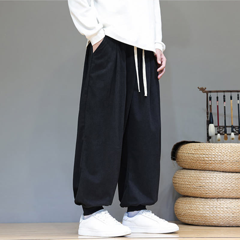 Buddha Stones Fall Plain Drawstring Simple Design Men's Harem Cotton Corduroy Pants With Pockets - image 35