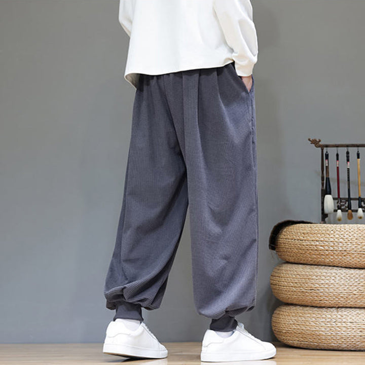 Buddha Stones Fall Plain Drawstring Simple Design Men's Harem Cotton Corduroy Pants With Pockets - image 6