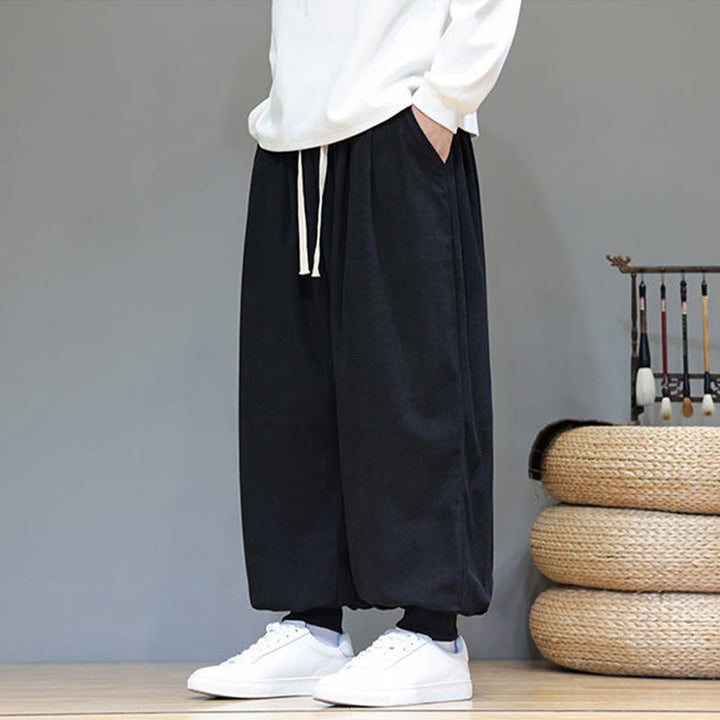 Buddha Stones Fall Plain Drawstring Simple Design Men's Harem Cotton Corduroy Pants With Pockets - image 34