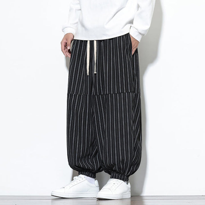 Buddha Stones Fall Striped Pattern Drawstring Men's Harem Corduroy Pants With Pockets - image 9