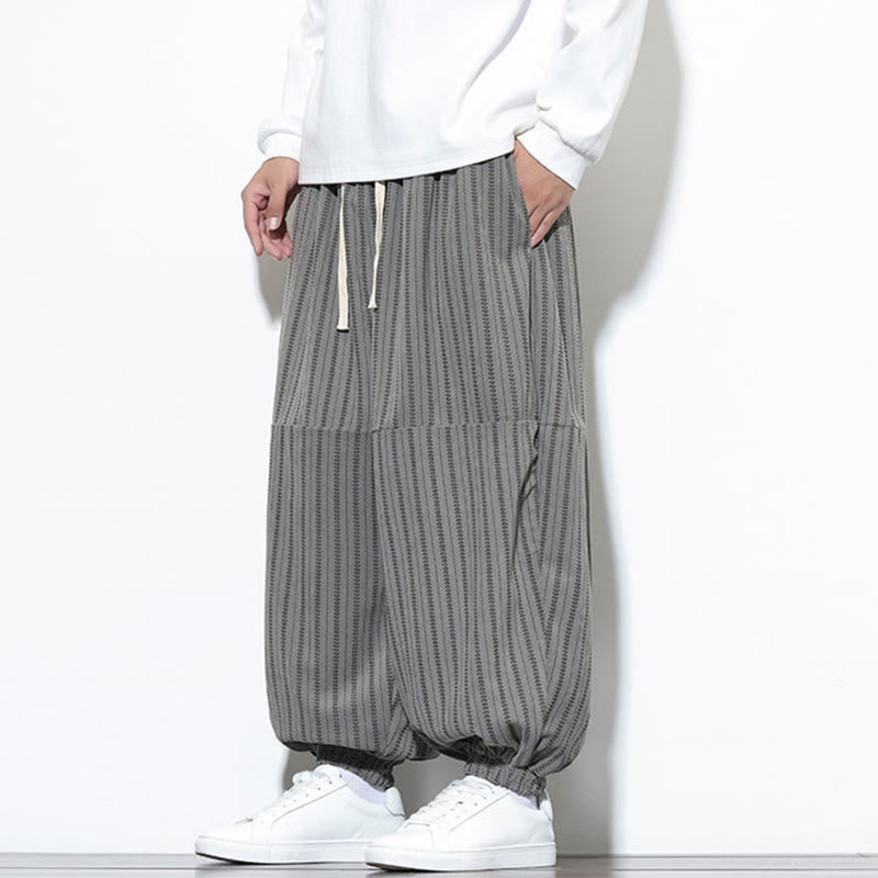 Buddha Stones Fall Striped Pattern Drawstring Men's Harem Corduroy Pants With Pockets - image 38