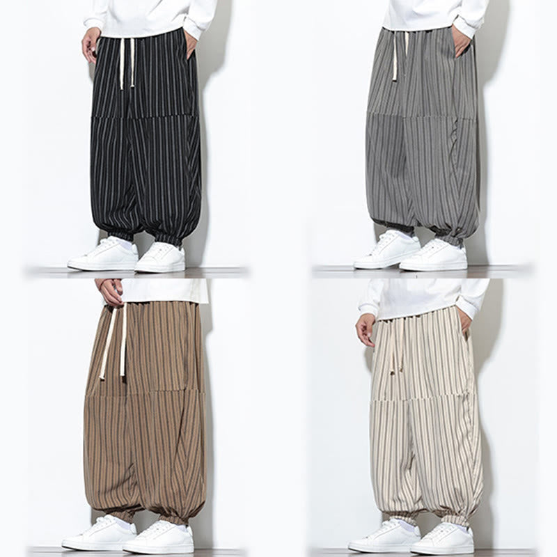 Buddha Stones Fall Striped Pattern Drawstring Men's Harem Corduroy Pants With Pockets - image 71