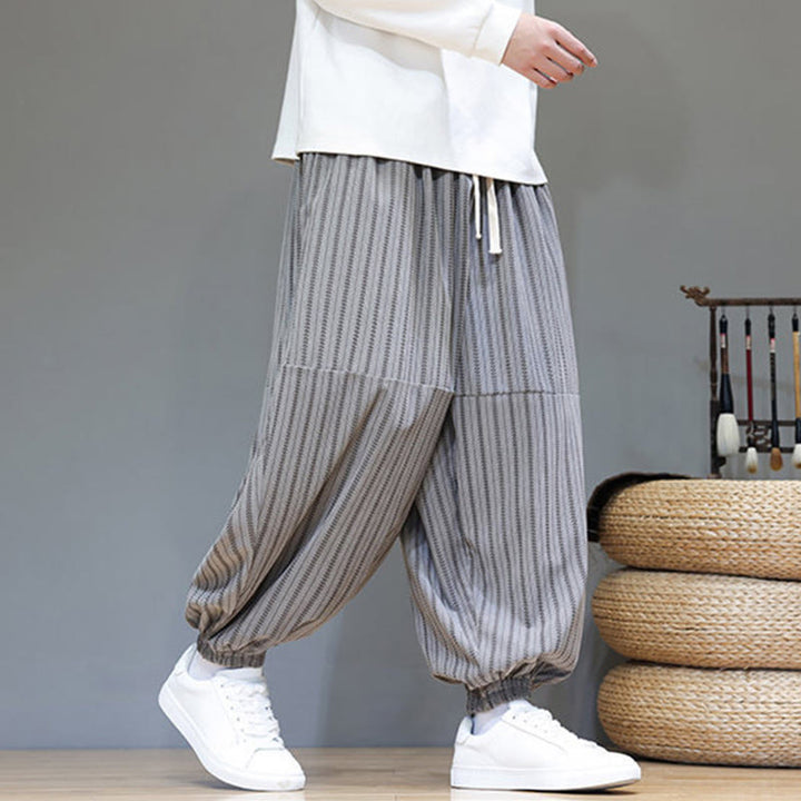 Buddha Stones Fall Striped Pattern Drawstring Men's Harem Corduroy Pants With Pockets - image 44