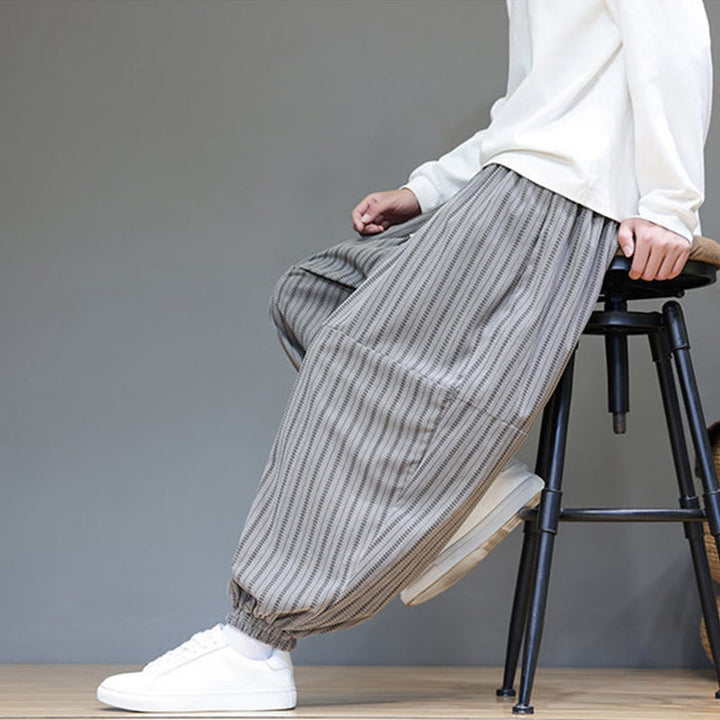 Buddha Stones Fall Striped Pattern Drawstring Men's Harem Corduroy Pants With Pockets - image 49