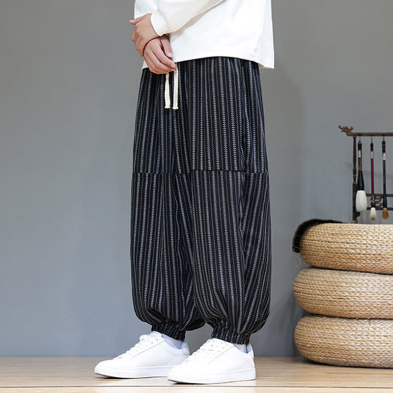 Buddha Stones Fall Striped Pattern Drawstring Men's Harem Corduroy Pants With Pockets - image 3