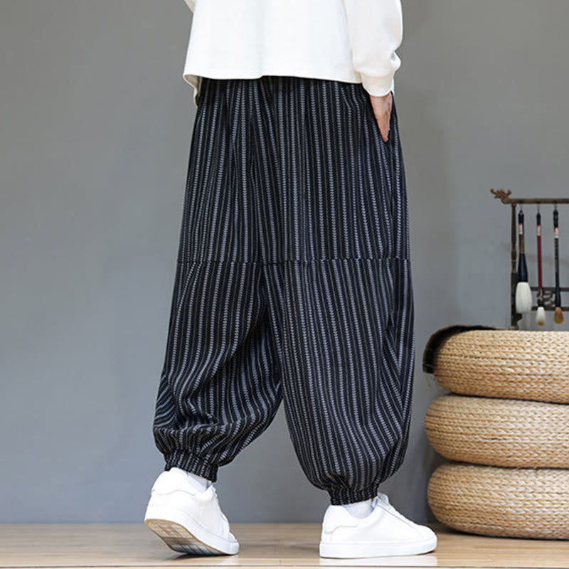 Buddha Stones Fall Striped Pattern Drawstring Men's Harem Corduroy Pants With Pockets - image 6