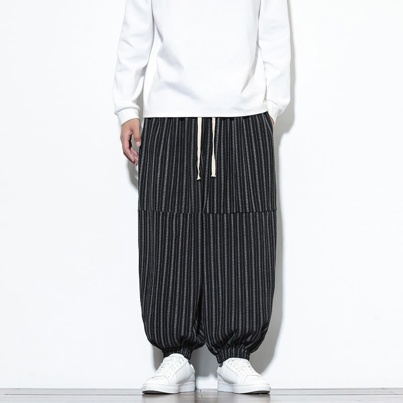 Buddha Stones Fall Striped Pattern Drawstring Men's Harem Corduroy Pants With Pockets - Black - US/UK/AU46,EU56 (5XL) - image 8
