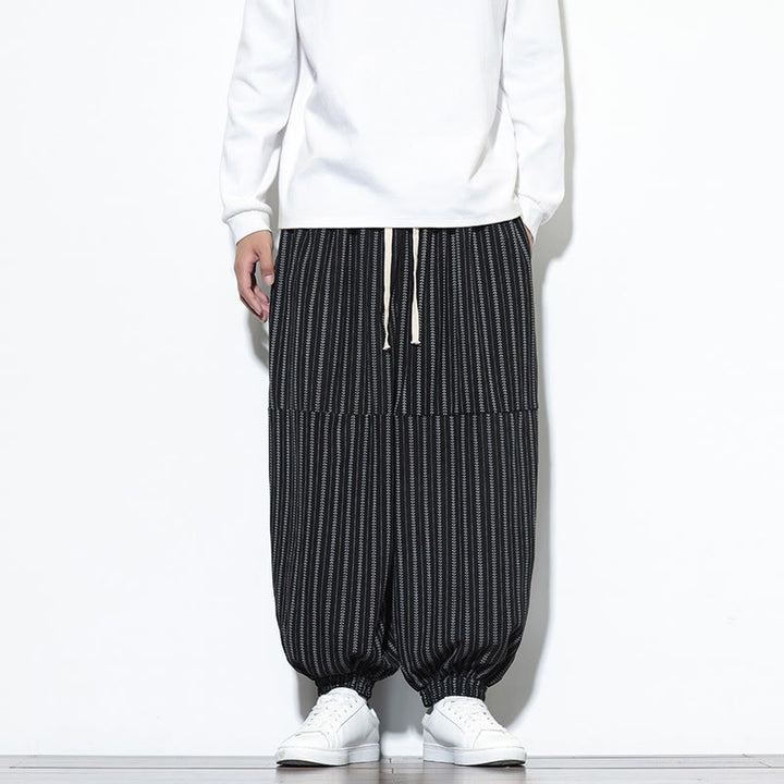 Buddha Stones Fall Striped Pattern Drawstring Men's Harem Corduroy Pants With Pockets - Black - US/UK/AU46,EU56 (5XL) - image 8