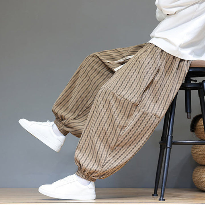 Buddha Stones Fall Striped Pattern Drawstring Men's Harem Corduroy Pants With Pockets - image 69