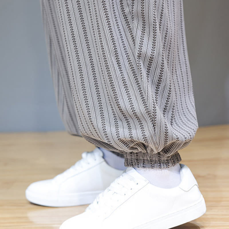 Buddha Stones Fall Striped Pattern Drawstring Men's Harem Corduroy Pants With Pockets - image 52