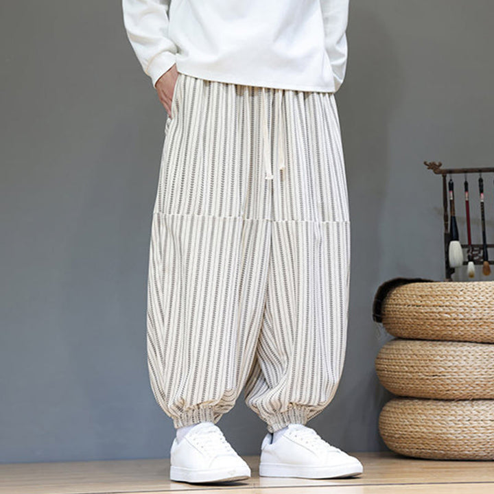 Buddha Stones Fall Striped Pattern Drawstring Men's Harem Corduroy Pants With Pockets - image 29