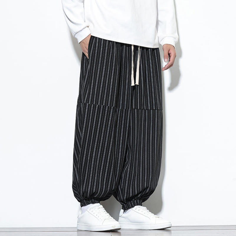 Buddha Stones Fall Striped Pattern Drawstring Men's Harem Corduroy Pants With Pockets - image 12