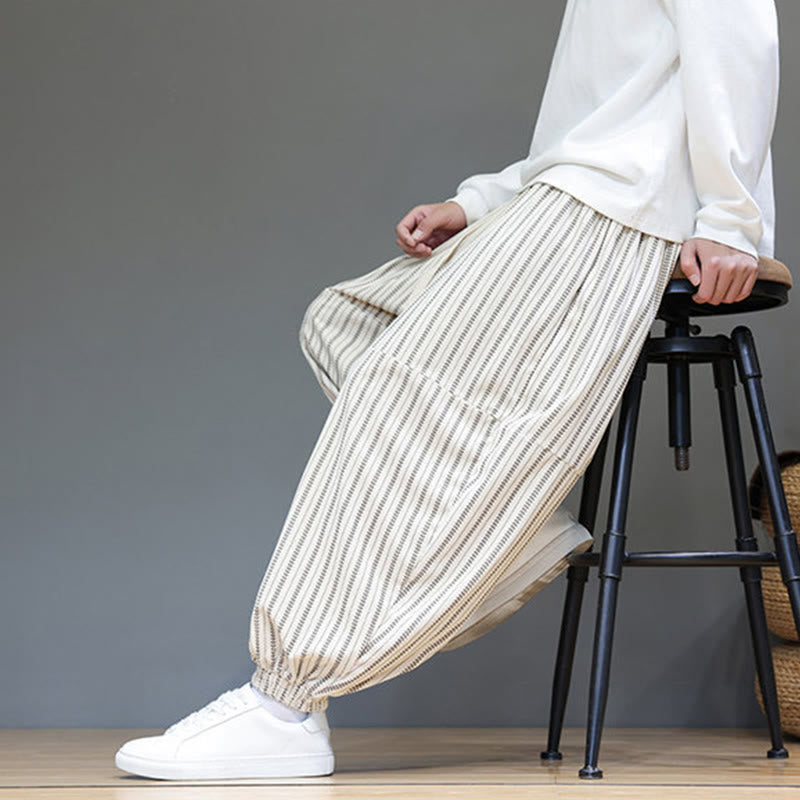 Buddha Stones Fall Striped Pattern Drawstring Men's Harem Corduroy Pants With Pockets - image 32