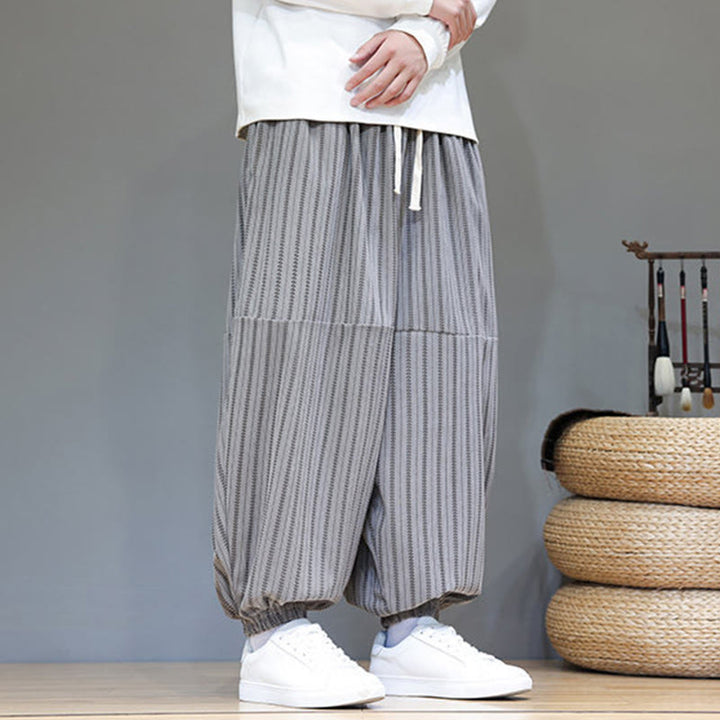 Buddha Stones Fall Striped Pattern Drawstring Men's Harem Corduroy Pants With Pockets - image 46