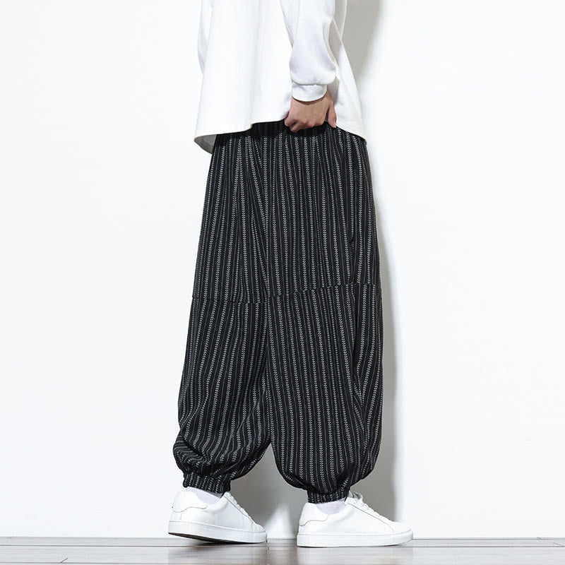 Buddha Stones Fall Striped Pattern Drawstring Men's Harem Corduroy Pants With Pockets - image 13