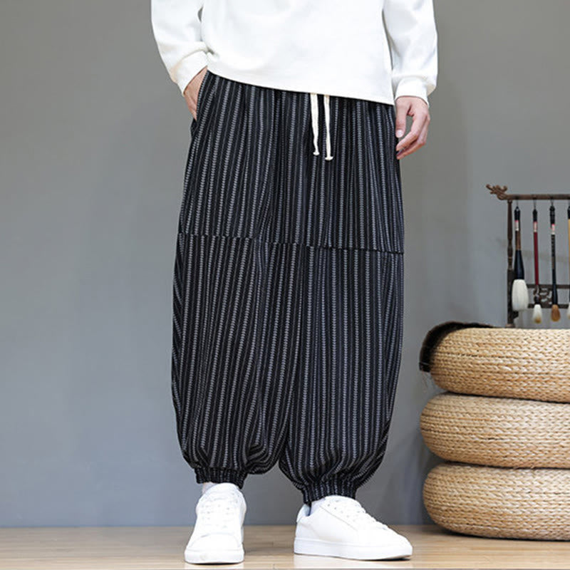 Buddha Stones Fall Striped Pattern Drawstring Men's Harem Corduroy Pants With Pockets - image 7