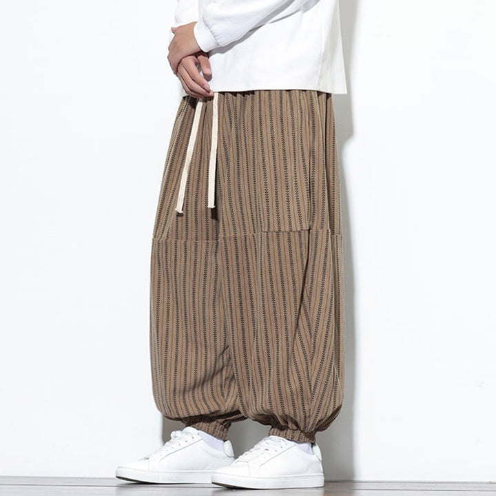 Buddha Stones Fall Striped Pattern Drawstring Men's Harem Corduroy Pants With Pockets - image 58