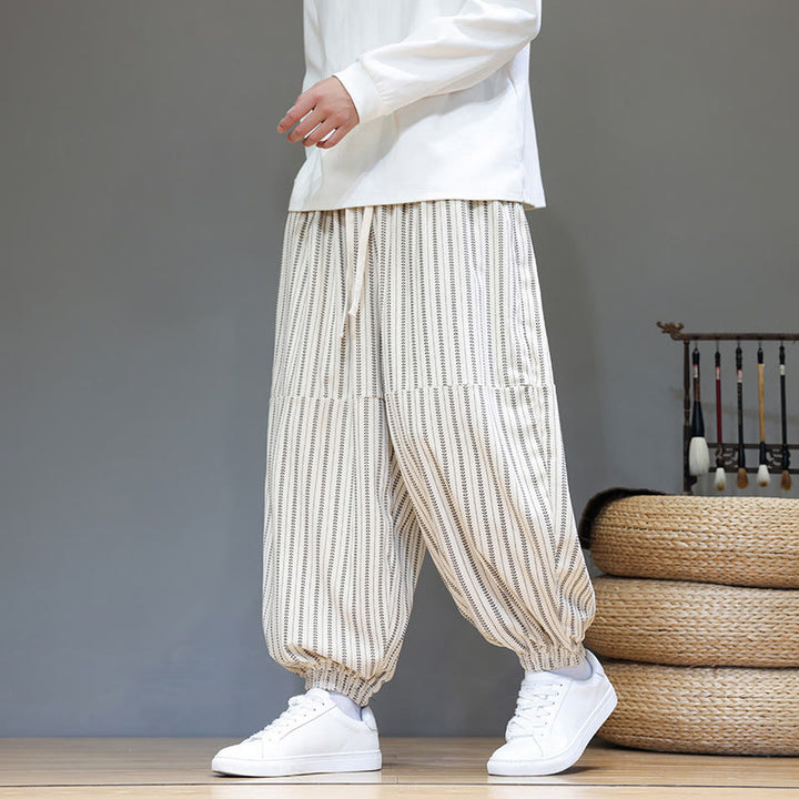 Buddha Stones Fall Striped Pattern Drawstring Men's Harem Corduroy Pants With Pockets - image 26