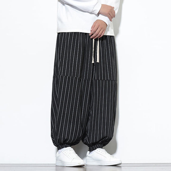 Buddha Stones Fall Striped Pattern Drawstring Men's Harem Corduroy Pants With Pockets - image 14