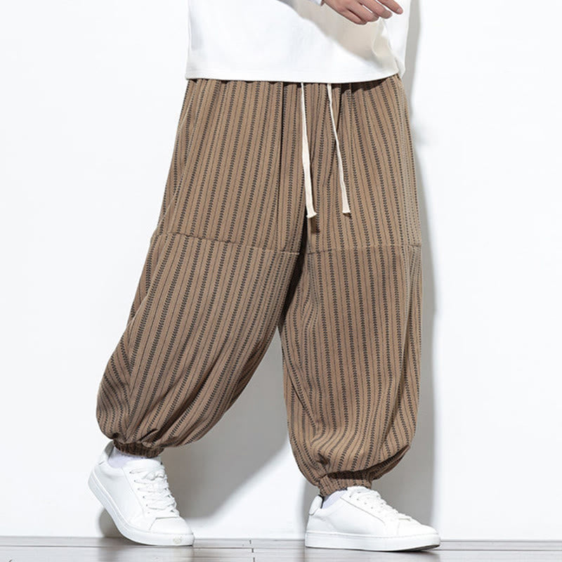 Buddha Stones Fall Striped Pattern Drawstring Men's Harem Corduroy Pants With Pockets - image 56