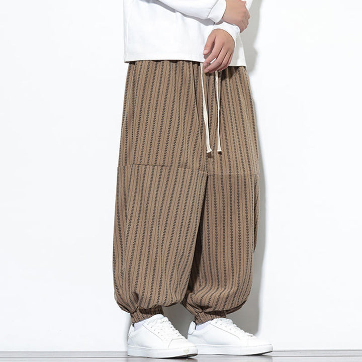 Buddha Stones Fall Striped Pattern Drawstring Men's Harem Corduroy Pants With Pockets - image 59