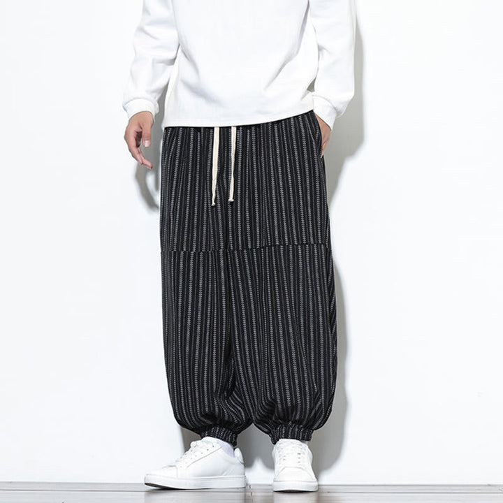 Buddha Stones Fall Striped Pattern Drawstring Men's Harem Corduroy Pants With Pockets - image 11
