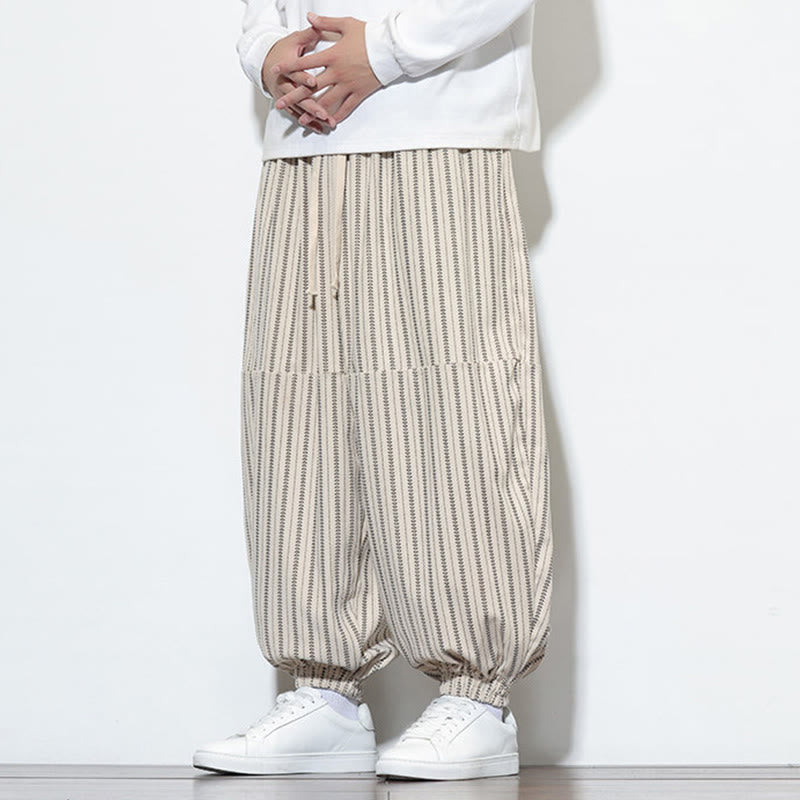 Buddha Stones Fall Striped Pattern Drawstring Men's Harem Corduroy Pants With Pockets - image 23