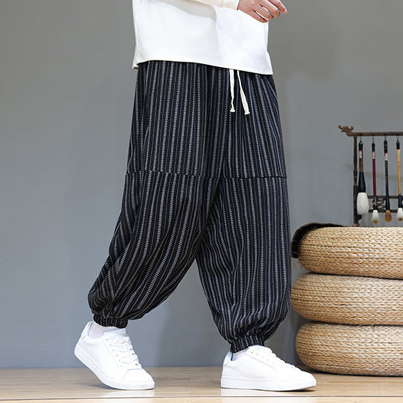 Buddha Stones Fall Striped Pattern Drawstring Men's Harem Corduroy Pants With Pockets - image 2
