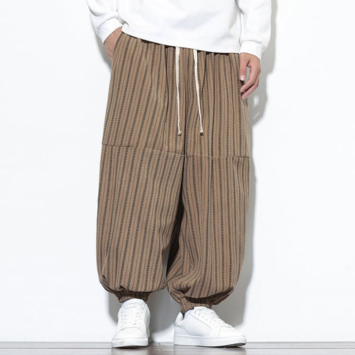 Buddha Stones Fall Striped Pattern Drawstring Men's Harem Corduroy Pants With Pockets - image 57