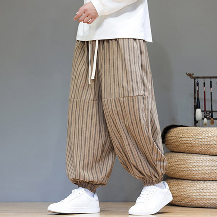 Buddha Stones Fall Striped Pattern Drawstring Men's Harem Corduroy Pants With Pockets - image 63
