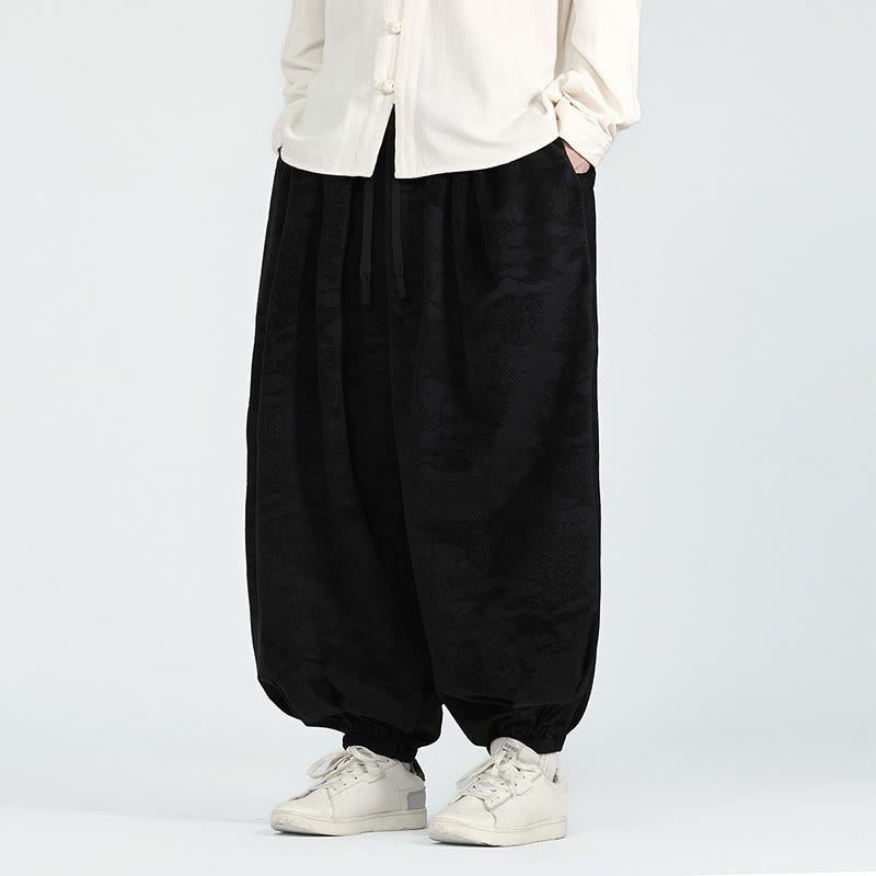 Buddha Stones Fall Plain Jacquard Design Drawstring Men's Harem Pants With Pockets - Black - US/UK/AU46,EU56 (5XL) - image 8