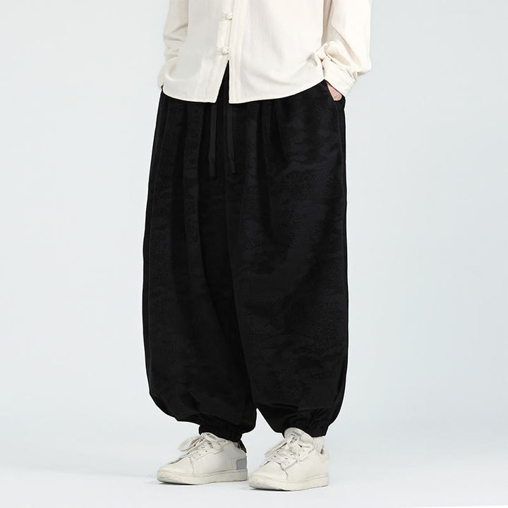 Buddha Stones Fall Plain Jacquard Design Drawstring Men's Harem Pants With Pockets - Black - US/UK/AU46,EU56 (5XL) - image 8