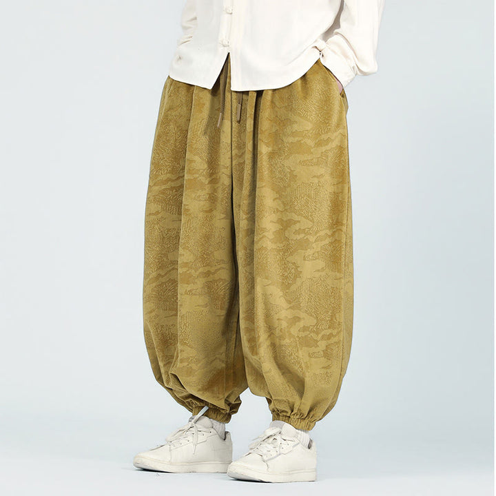 Buddha Stones Fall Plain Jacquard Design Drawstring Men's Harem Pants With Pockets - Goldenrod - US/UK/AU46,EU56 (5XL) - image 0