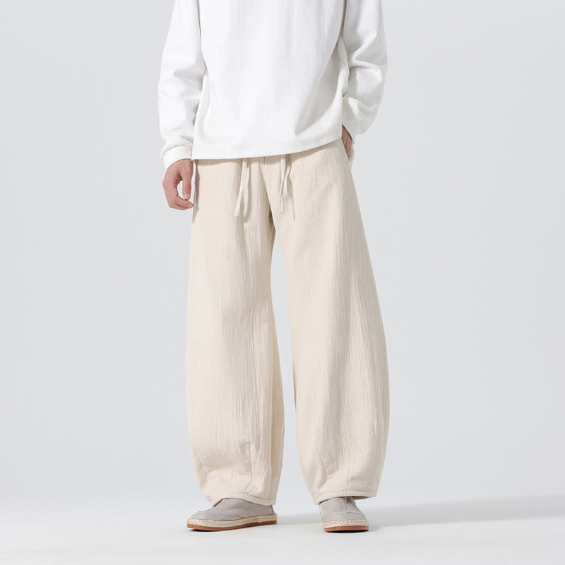 Buddha Stones Daily Drawstring Chinese Zen Style Men's Wide Leg Pure Cotton Pants With Pockets - image 4