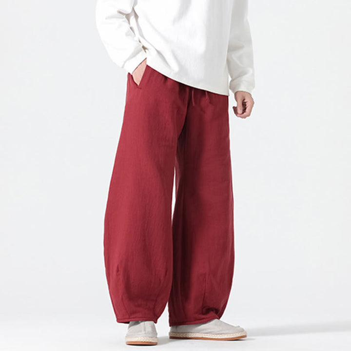 Buddha Stones Daily Drawstring Chinese Zen Style Men's Wide Leg Pure Cotton Pants With Pockets - image 13