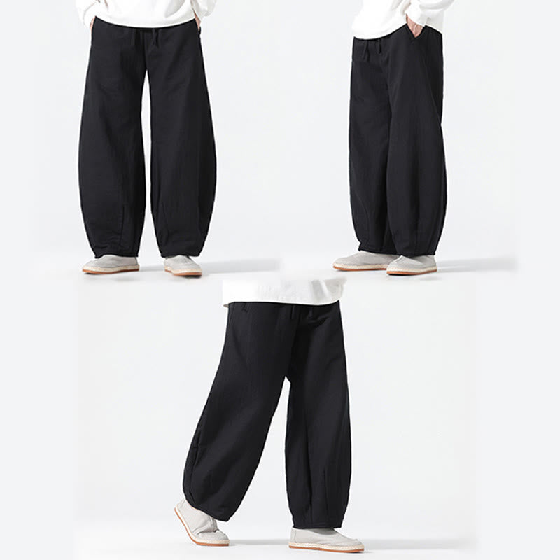Buddha Stones Daily Drawstring Chinese Zen Style Men's Wide Leg Pure Cotton Pants With Pockets - image 23