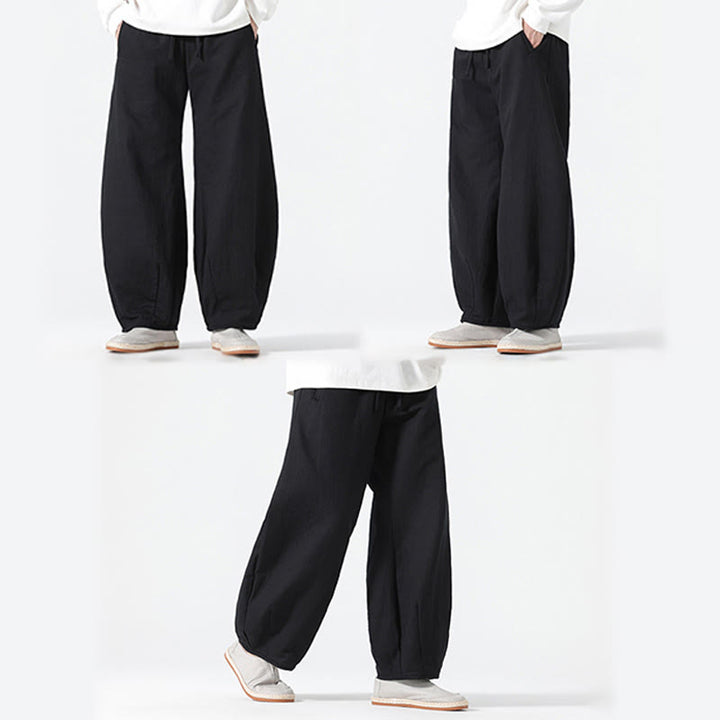 Buddha Stones Daily Drawstring Chinese Zen Style Men's Wide Leg Pure Cotton Pants With Pockets - image 23