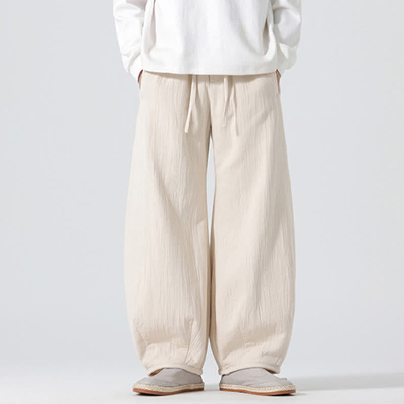 Buddha Stones Daily Drawstring Chinese Zen Style Men's Wide Leg Pure Cotton Pants With Pockets - image 1
