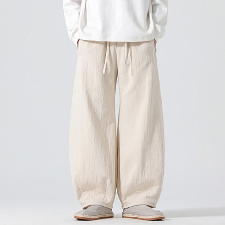 Buddha Stones Daily Drawstring Chinese Zen Style Men's Wide Leg Pure Cotton Pants With Pockets - image 1