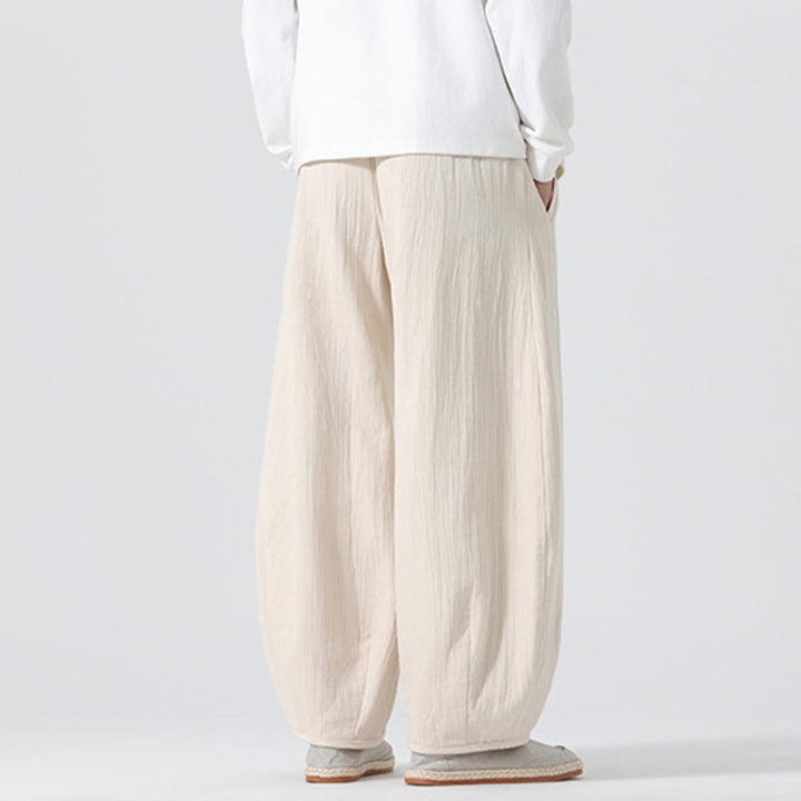 Buddha Stones Daily Drawstring Chinese Zen Style Men's Wide Leg Pure Cotton Pants With Pockets - image 2