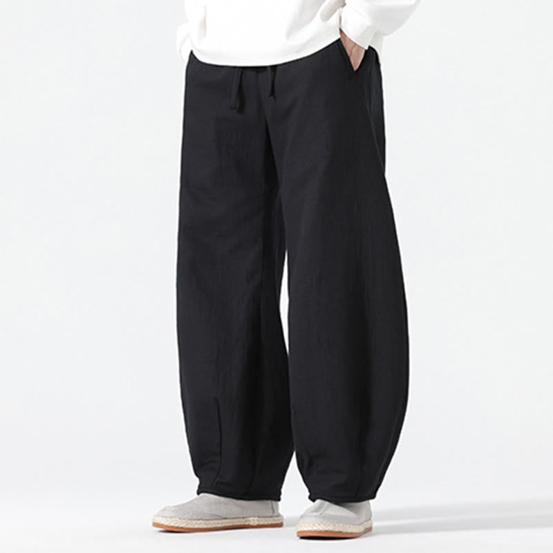 Buddha Stones Daily Drawstring Chinese Zen Style Men's Wide Leg Pure Cotton Pants With Pockets - image 20