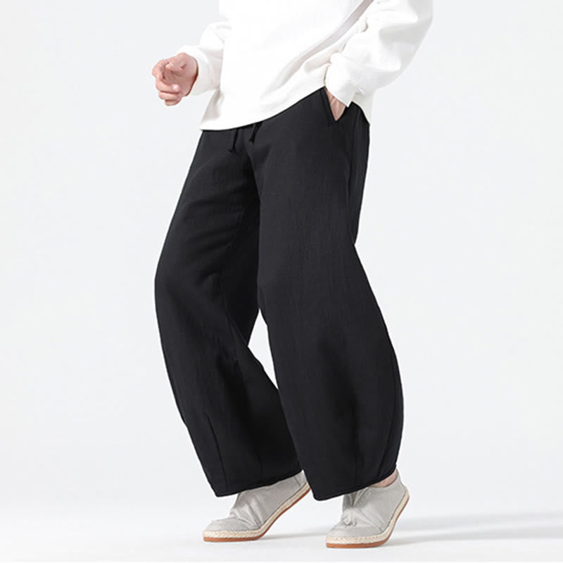 Buddha Stones Daily Drawstring Chinese Zen Style Men's Wide Leg Pure Cotton Pants With Pockets - image 21