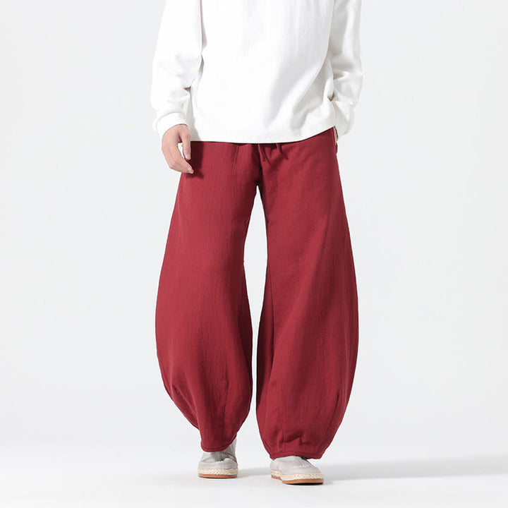 Buddha Stones Daily Drawstring Chinese Zen Style Men's Wide Leg Pure Cotton Pants With Pockets - Crimson - US/UK/AU46,EU56 (5XL) - image 10